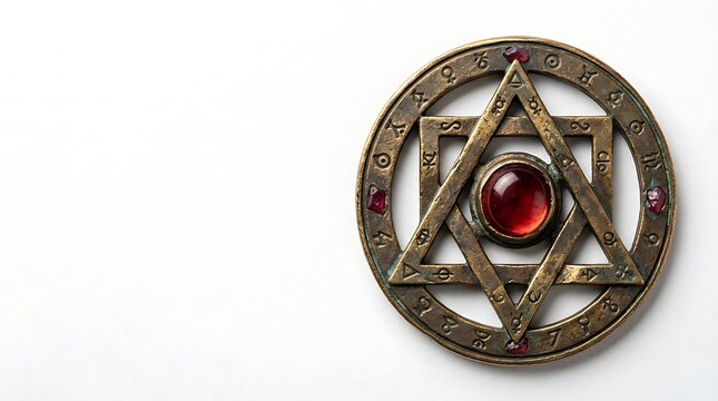 Antique mystical bronze hexagram amulet with red gemstone