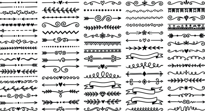 Vintage hand drawn dividers and decorative borders, collection of 80 sketch line ornaments, rustic floral and swirl page separators in EPS format