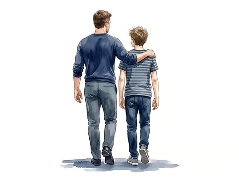 Father and son walking together with arm around shoulder