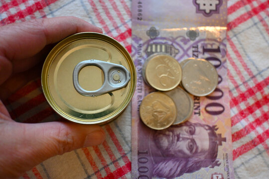 Close-up of canned liver p&acirc;t&eacute; next to Hungarian forint money with hand, representing cost of living crisis, cheap food and financial pressure.
