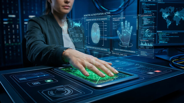 Woman passing biometric authentication scanning hand on high tech digital terminal in secure server room