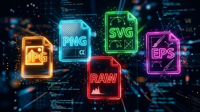 Neon file icons for jpg png svg eps and raw formats on a dark background with code.