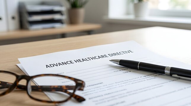 Advance Healthcare Directive Document with Pen and Glasses on Office Desk for Legal and Medical Planning Concept