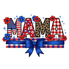 Obraz premium Colorful mama text with American flag, flowers, and bow on a white background for mothers day