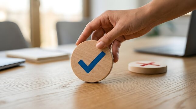 Business professional placing a blue checkmark wooden coin on a desk, symbolizing positive agreement and strategic selection.