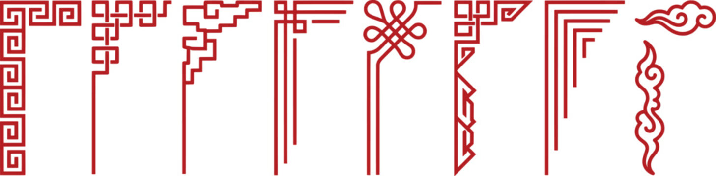 Traditional Chinese corner borders set, red oriental frame elements with auspicious clouds and knots, 9 decorative asian vector ornaments