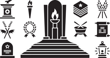 Fototapeta premium Military, army, war icons, symbols, set, 12 black vector graphics