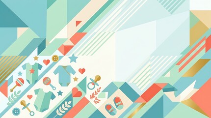 Fototapeta premium Geometric background with baby clothes and newborn accessories
