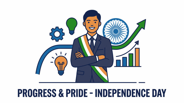 Man Celebrating India Independence Day with Progress Symbols