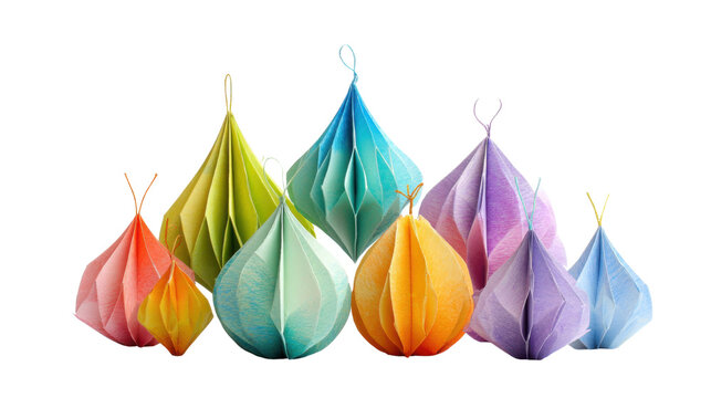 Colorful Folded Paper Lantern Decorations Isolated on White Background