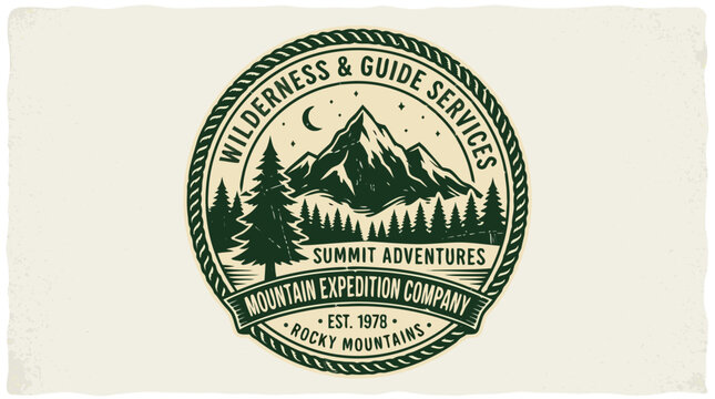 Vintage Mountain Expedition Badge Logo with Pine Tree and Peak Silhouette