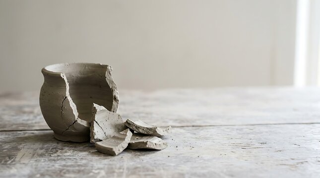 Broken clay pot on a rustic wooden table