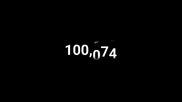 One hundred thousand floating number counter animation on transparent background, 100,000 floating number counter animation with alpha channel
