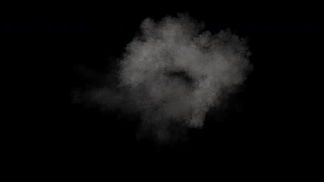 Impact smoke ring explosion on alpha channel. Ground impact smoke explosion isolated. 3d animation of ground blast smoke shockwave. Aerial view smoke explosion with fire flash