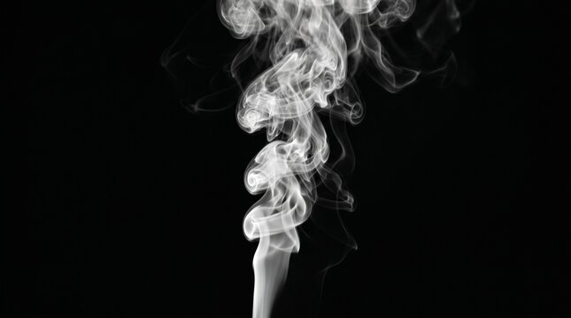 Wisps of ethereal smoke elegantly swirl against a deep black void, creating a mesmerizing dance of light and shadow, evoking a sense of mystery and tranquility in this captivating abstract composition