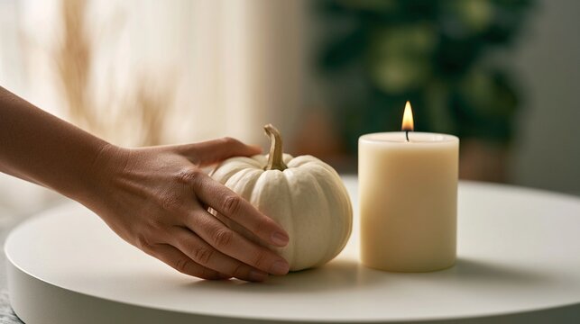 Close-up of hand placing white pumpkin next to cream candle on minimalist table, natural skin evening calm pervades area