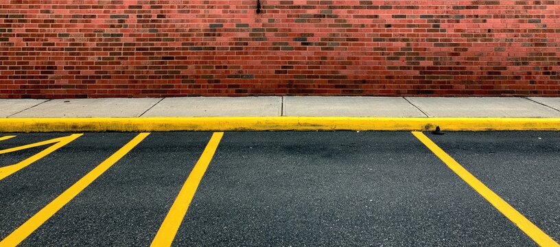 Asphalt parking lot with yellow lines meets a textured red brick wall