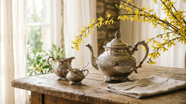 Vintage silver tea set on rustic wooden table with forsythia