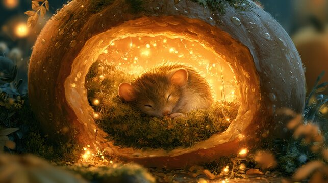 tiny field mouse sleeping inside glowing pumpkin hollow, cozy moss bedding, magical fairy lights, dusk light bathes scene