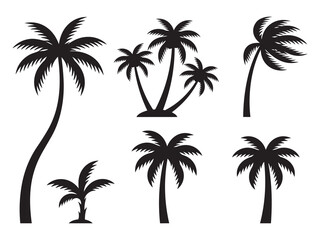 Naklejka premium Collection of black tropical coconut palm tree silhouettes showing different sizes on white canvas