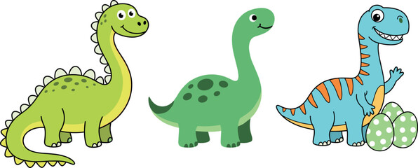 Cute cartoon baby dinosaur characters set with spotted eggs isolated on white background flat vector illustration. © RAJU