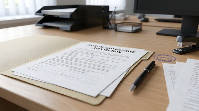 Asylum Application Document with Administrative Office Tools for Immigration and Legal Process Concept