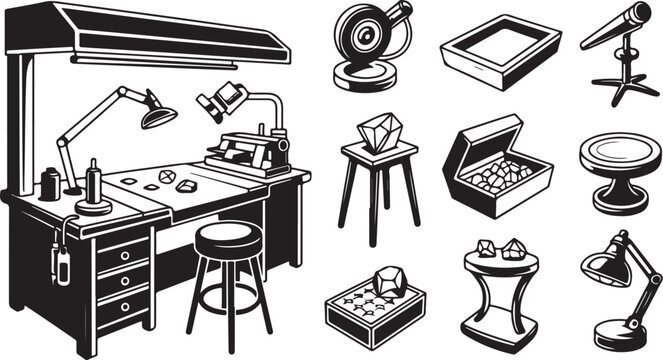 Vector illustration of  of workbench icons, tools and tools set, industrial workshop equipment, equipment, machinery