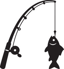 Fototapeta premium Silhouette fishing rod and fish icon in black vector style for angling, sport and outdoor themes.