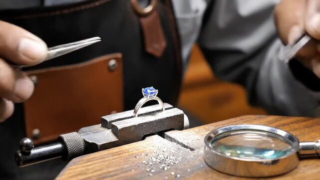 Jeweler setting gemstone on ring with tools, close-up of hands working on jewelry detail