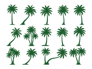 Naklejka premium Set of green tropical coconut palm tree silhouettes in various shapes isolated on white background