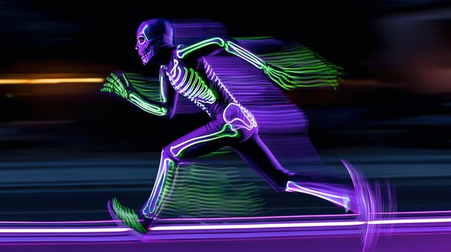 Dynamic action shot of person in futuristic neon skeleton outfit running through dark city street, evening calm pervades area