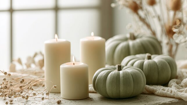 Soft, ethereal photography of cream-colored candles and sage green pumpkins. lighting is hazy and dusk light bathes scene