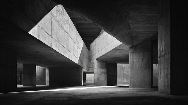 massive brutalist architecture with dramatic black shadows and sharp geometric lines, monochrome fine art photography