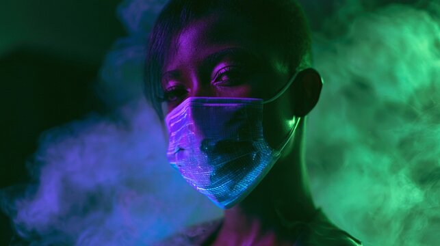 Medium shot of person wearing mask with digital screen effects, vibrant neon purple light, twilight enhances seasonal mood