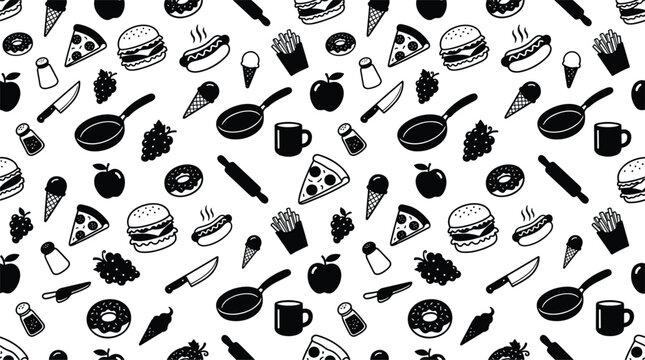 Fast Food and Kitchen Utensils Black and White Seamless Pattern Background Featuring Burger Pizza Hot Dog Fries Donuts and Cooking Tools for Textile Prints