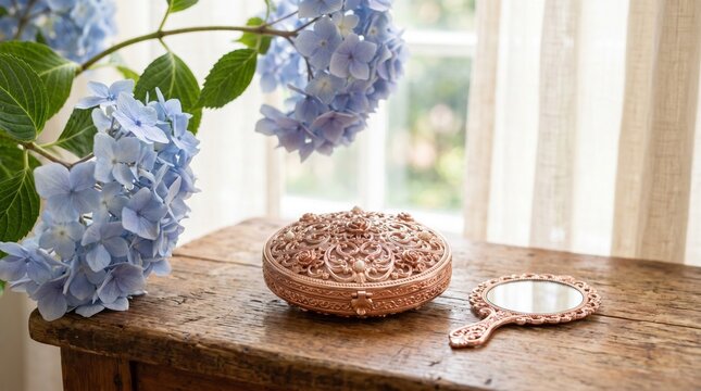 Elegant hydrangea decorative jewelry box and mirror display