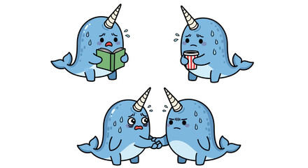 Cute cartoon narwhal stickers, blue sea creatures, kawaii vector icons, emotional expressions © Vasant