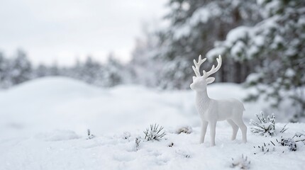 Naklejka premium White deer figurine standing in a snowy winter forest landscape