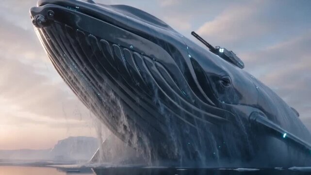 Giant Whale-Shaped Robot Submarine Appears in Arctic Ocean, Sci-Fi Fantasy Concept 3D Render