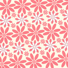 Fototapeta premium Pink Retro Daisy Floral Seamless Pattern on Cream Background