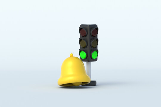 Approval message. Time to go. Business start alert. Successful beginning notification. Green traffic light and hand bell. 3d render