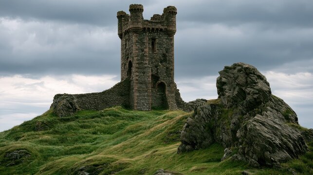 Old stone tower on a grassy hill, amidst rugged rocks, under a cloudy sky