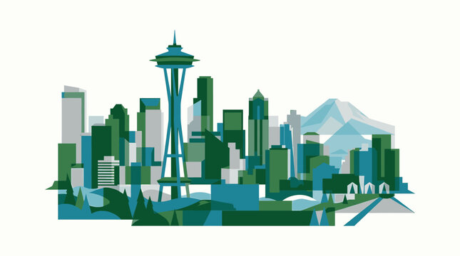 Seattle Skyline with Space Needle and Mountain Landscape Flat Design