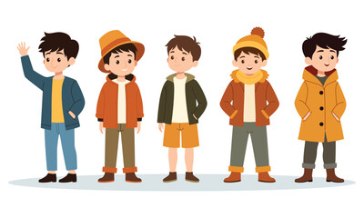 A little boys character wearing autumn outfit vector illustration set