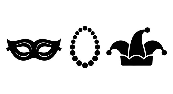 Mardi Gras Icons: Masquerade Mask, Beads, Jester Hat - Black and White Iconography
