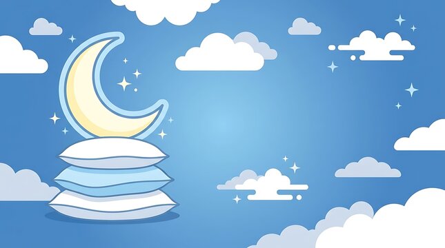 Peaceful night sky with crescent moon on a stack of soft pillows