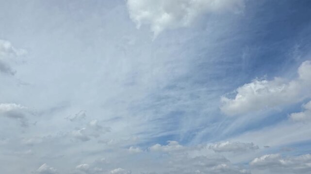 Cloudscape, Timelapse of Blue Sky with Fluffy White Cumulus and Wispy Cirrus Clouds for Nature Background