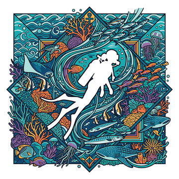 vector image of a poster of divers and marine life in Labuan Bajo, Indonesia