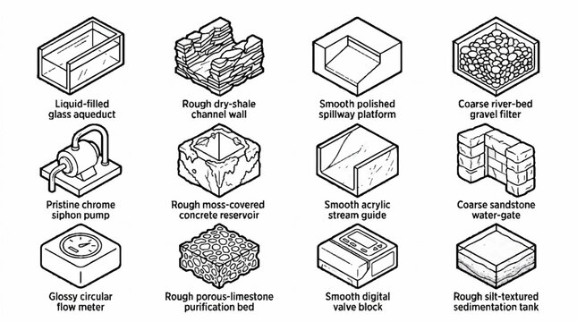 Isometric technical illustrations of water management and filtration system components.