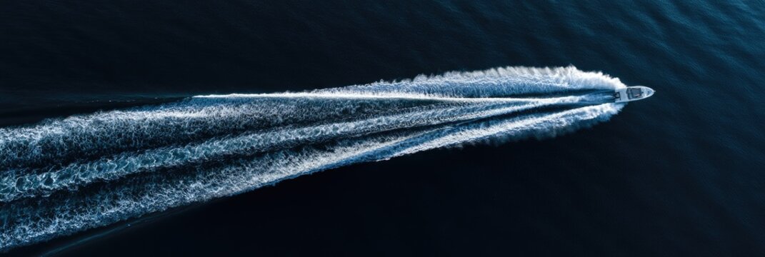 Aerial view of a speedboat creating a dynamic white wake across dark blue water